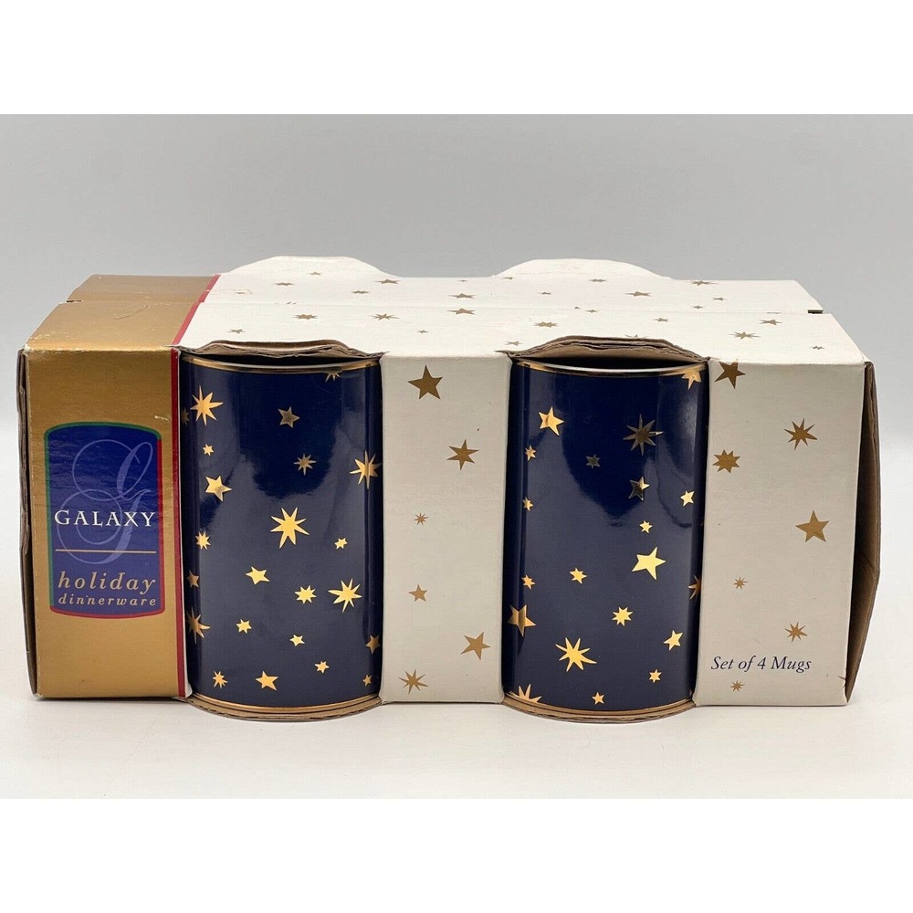 Vintage Sakura Galaxy Blue Set of 4 Mugs - New in Original Box - 14K Gold Stars